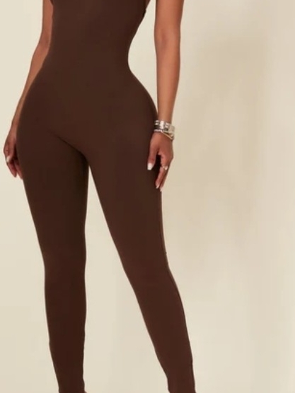 Stretch Ribbed Brown Jumpsuit - Women Pants & Jumpsuits